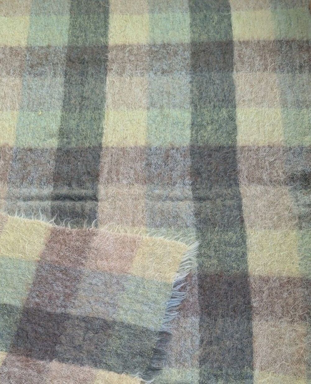 Vtg Hudsons Bay Company Mohair Wool Blanket 68x46" Pastel Plaid Scotland Fringe